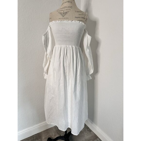 PETAL & UP Domenica Shirred Long Sleeve Midi Dress Size S White NWOT Linen Blend - Picture 6 of 10